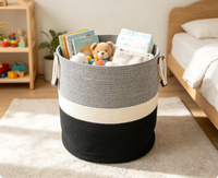 Grand panier de rangement pliable en corde de coton écologique, noir et blanc, avec poignées, pour la lessive, chambre et salon