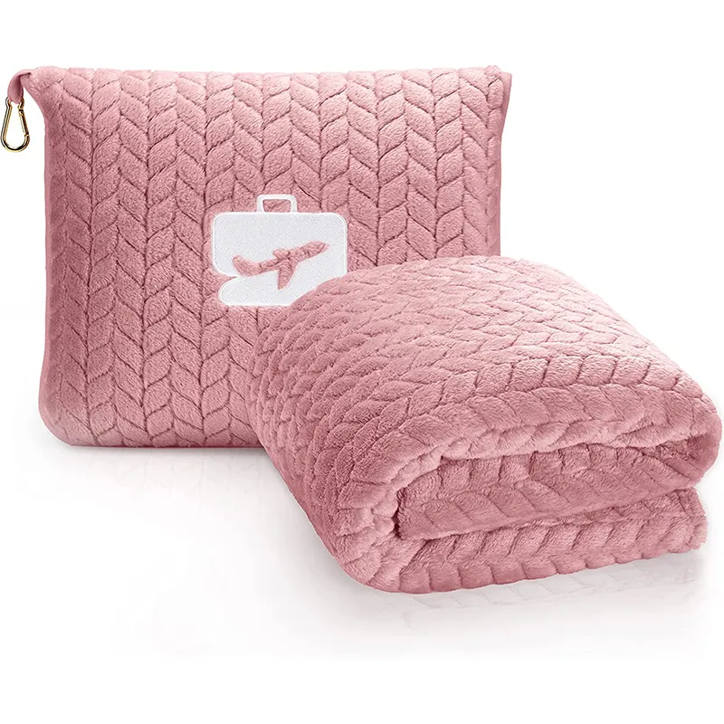 Premium Travel Blanket Pillow Flannel Embossed Fleece Soft 2 in 1 Airplane Blanket