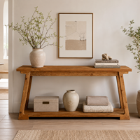 Console moderne rustique en bois massif, faite à la main, durable, avec rangement à 2 niveaux, design étroit pour salon et entrée