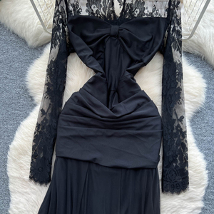 Vestido formal negro oscuro para mujer - con encaje, manga larga, plisado cosido, entallado en la cintura, con dobladillo con volantes. - Product Image 4