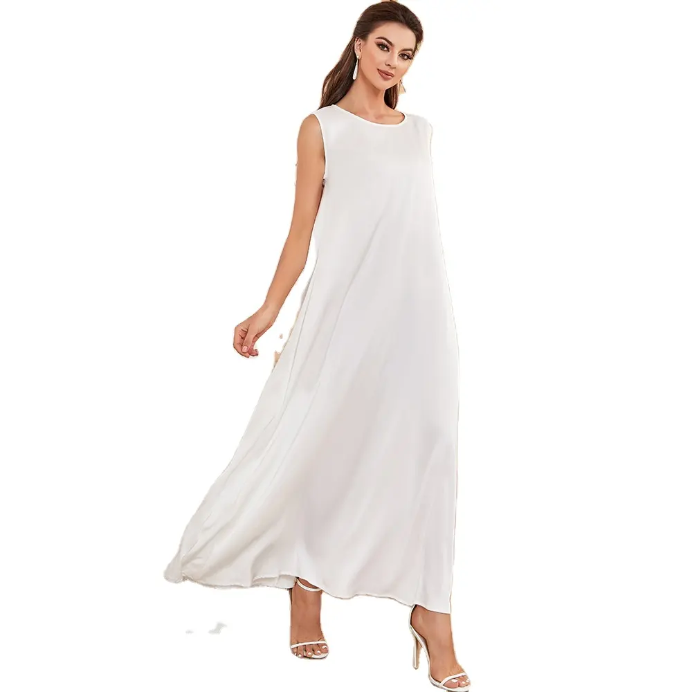 Good quality white color silk feeling O neck Loose size matching all clothes sleeveless women dress