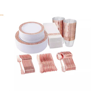 Ensemble de 350 assiettes jetables en plastique rigide <span class=keywords><strong>avec</strong></span> bord doré et cuillères, vaisselle pour fêtes, incluant des assiettes creuses pour fruits - Product Image 3