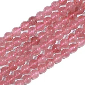 优质6A级天然草莓石英石珠，圆形宽松宝石玫瑰草莓水晶石英珠