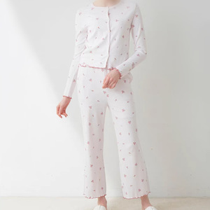 Conjuntos de ropa de casa para mujer Algodón puro Suave Dibujos animados bonitos Flor de cerezo Impreso Cuello redondo Manga larga Encaje Floral Cintura elástica - Product Image 2