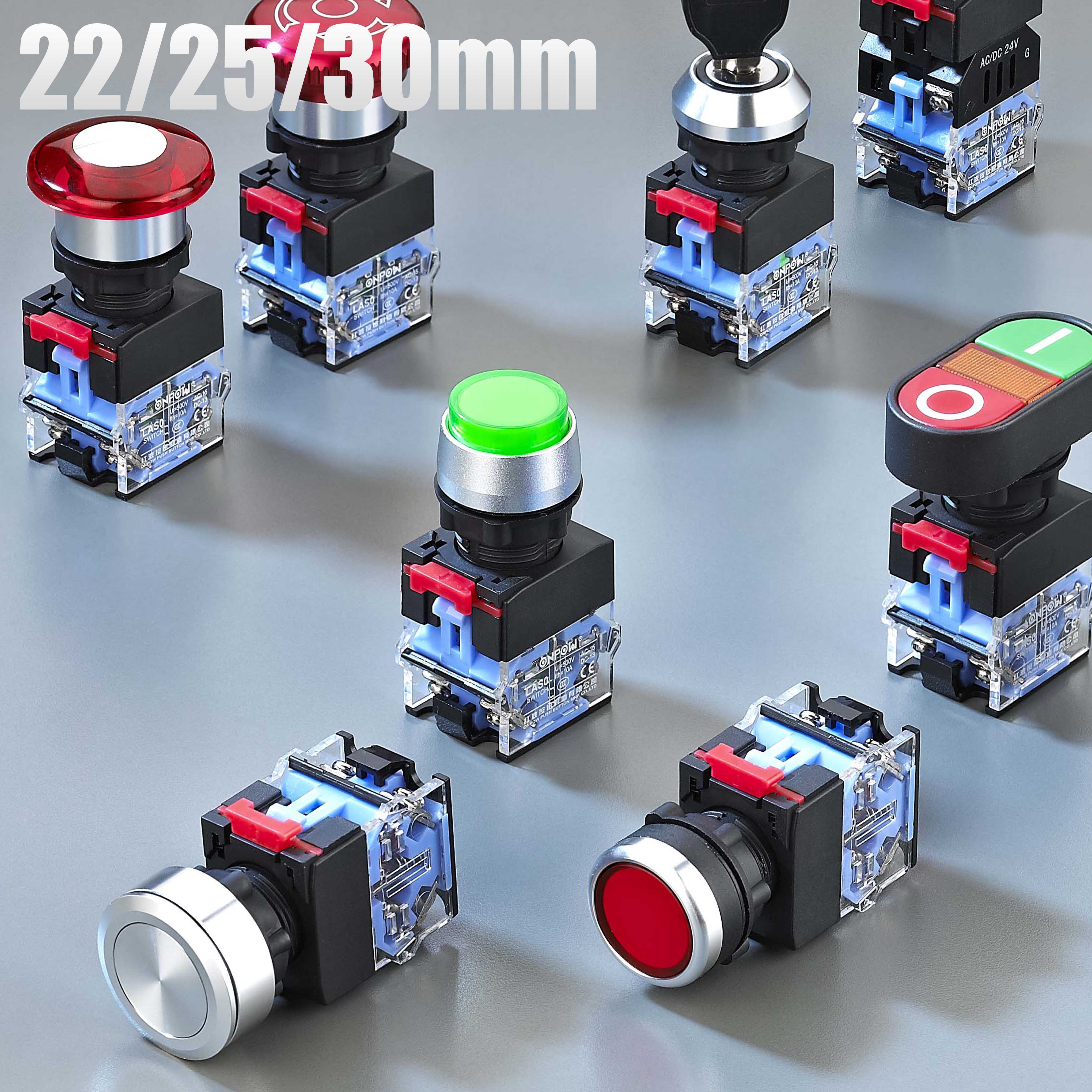 22 мм 30 мм пластиковый Мгновенный/самоблокирующийся винтовой зажим, кнопочный переключатель, круглая головка