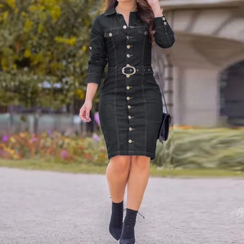 Hot Sale New Style Autumn Elegant Career Plus Size Denim Jean Casual Dress for Women