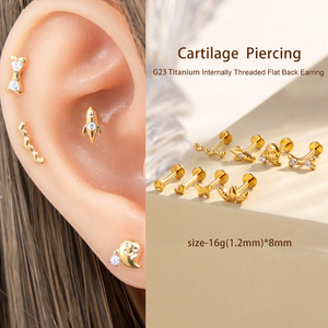 Bijoux Hengsen en titane ASTM F136, clou d'oreille plat à filetage interne 16g avec zircone cubique, pour <span class=keywords><strong>piercing</strong></span> de lobe d'oreille, cartilage et hélix - Product Image 2
