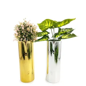 Desain Baru Plating Emas Perak Keramik Vas Bunga Silinder untuk Dekorasi Dalam Ruangan
