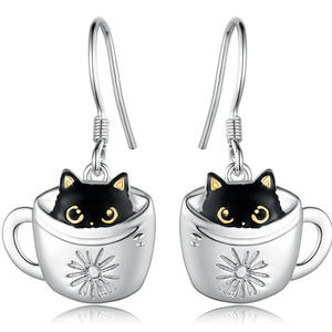 Cute <b>Cat</b> In Cup Earrings Silver Plated Alloy Women's Fashion Drop Earrings <b>Gift</b> Jewelry White Gold Color Animal Shape - Product Image 1