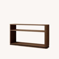 Console élégante et moderne en bois brun foncé avec étagères ouvertes, coins arrondis, deux compartiments pour entrée, meuble d'appoint, personnalisable OEM