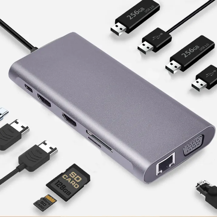 Thiết Kế Nhôm 11 Trong 1 Type-C Hub Multiport Dock Station Với USB3.0 PD SD/TF 4K HDMI VGA RJ45 Adapter Phụ Kiện Máy Tính