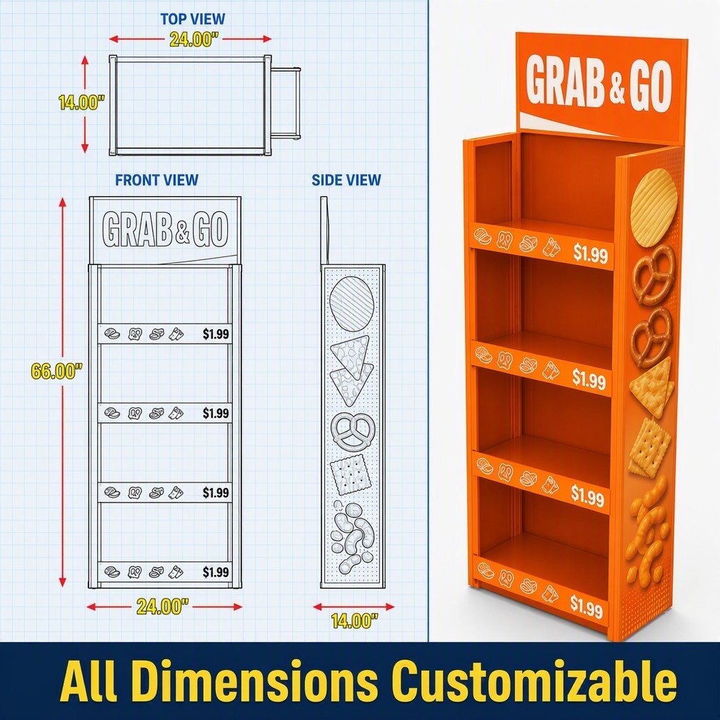 Apache Custom Snack Display Rack 4-Way 4-Tier Metal Food Merchandiser Knock Down Rotating Stand for Convenience Store OEM ODM — view 4