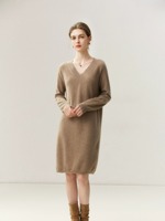 Robe en cachemire pur à 100% à col en V, tricotée, pour femmes, automne et hiver, ample, mi-longue, élégante, robe pull pour le travail