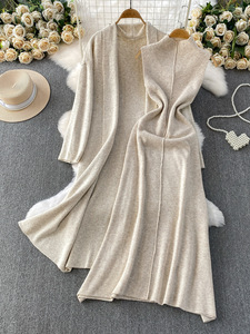 Cappotto Cardigan lungo lavorato a <span class=keywords><strong>maglia</strong></span> da donna <span class=keywords><strong>in</strong></span> due pezzi + abito senza maniche elegante autunno - Product Image 6