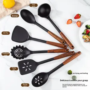 <strong>7</strong>-Pcs Non-stick Soft Silicone Kitchenware Set with <strong>Wood</strong> Hand Grip Silicone Spatula Soup Noodle Spoons High Temperature Resistant - Product Image 4