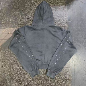 定制徽标法式毛圈布超大印花水钻拉链连帽衫，宽松休闲 Y2K 风格，男式宽松版型连帽衫 - Product Image 4