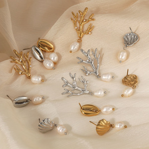 <span class=keywords><strong>Orecchini</strong></span> a Perno in Acciaio Inossidabile con Conchiglie Cowry, Serie Ocean Pearl Drop, Gioielli Placcati Oro per Vacanze al Mare - Product Image 3