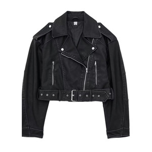 Abrigo de motociclista Retro con cremallera para <span class=keywords><strong>mujer</strong></span> con cinturón, ropa de calle, prendas de vestir, Chaqueta corta de piel sintética holgada Vintage de gran tamaño para <span class=keywords><strong>mujer</strong></span> - Product Image 4