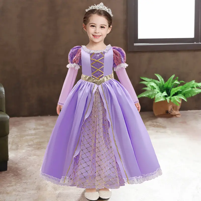 Long Sleeves Sequined Bowknot Sofia Princess Dress Cosplay Costume Kids Layered Carnival Halloween Party Dress