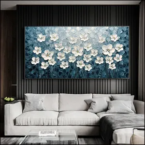 El yapımı soyut mavi beyaz çiçekler orijinal büyük boy doku el boyalı akrilik sanat akrilik yağlıboya resim sergisi