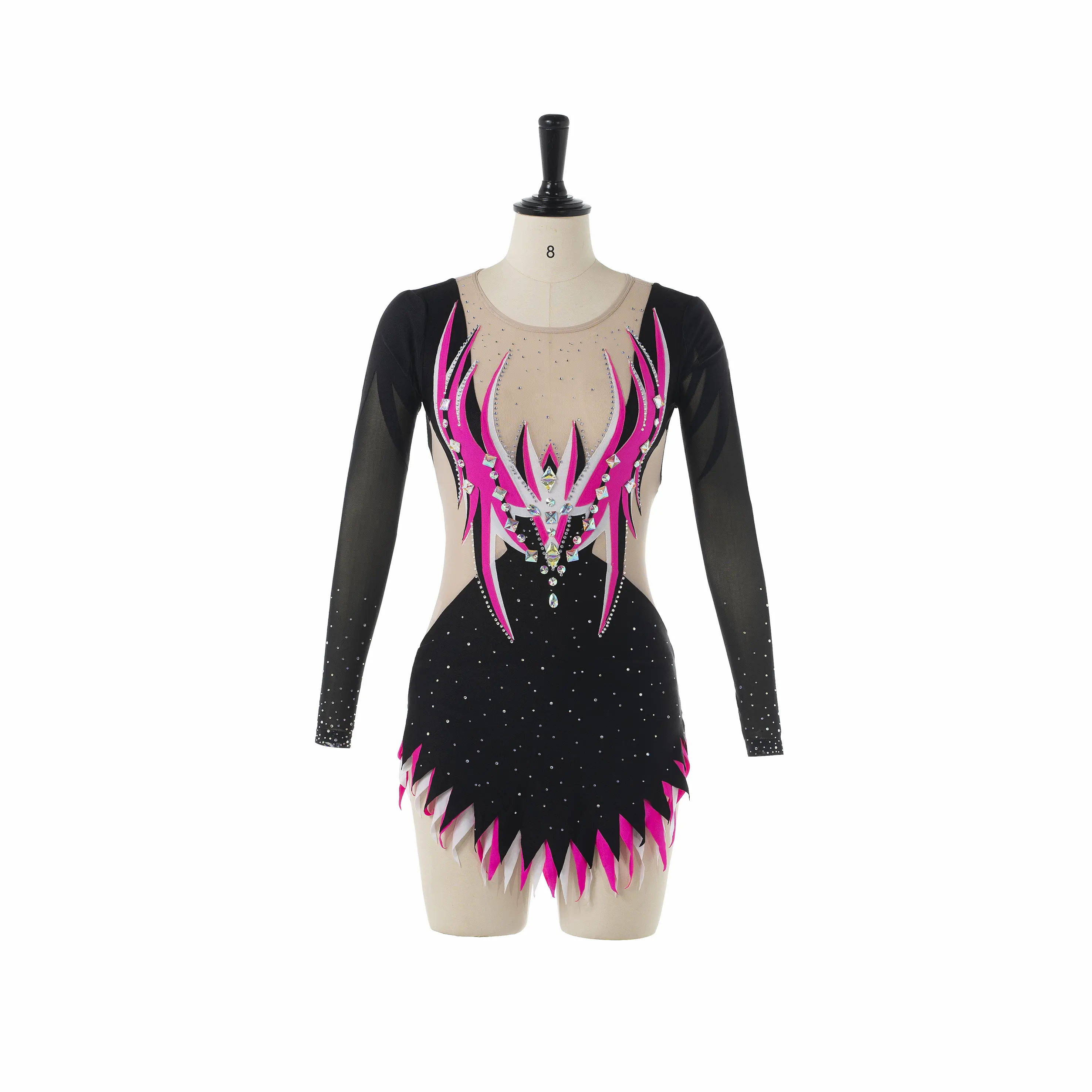 Aangepast Formaat Strass Applique Lange Mouw Gymnastiekwedstrijd Roze Zwarte Maillots Meisjes