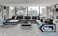Canapé sectionnel en cuir véritable de luxe au design moderne, en forme de U, rembourré en éponge, avec éclairage LED pour salon