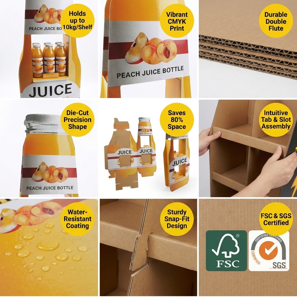 Apache Custom Cardboard Juice Display Rack 2-Tier Bottle-Shaped Corrugated Merchandiser Knock Down Floor Stand for Supermarket — view 5