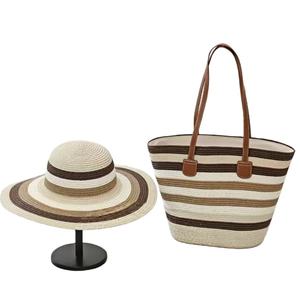 Women's Fashion Bohemian Style Large Beach Sun <b>Hat</b> Straw <b>Bag</b> Set Geometric Pattern with Embroidery Two Handles Open Closure - Product Image 1