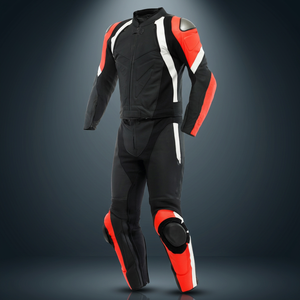 Traje de Motociclismo para Hombre con Bloques de Color, Chaqueta y Pantalones de Cuero Negro, Rojo y Blanco - Product Image 1