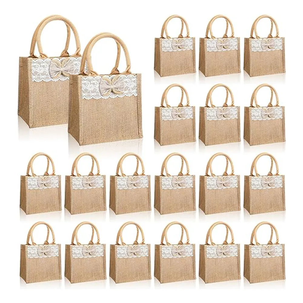 Mini bolsa de compras de juta de serapilheira reutilizável para casamento, bolsa de juta personalizada à prova d'água