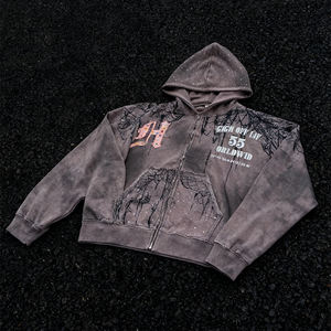 Pria Vintage Distressed Spider Web berlian imitasi grafis Zip-Up <span class=keywords><strong>Hoodie</strong></span> Streetwear kasual pas artistik 100% katun - Product Image 2