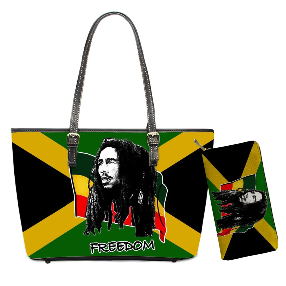 علم الجامايكي الريغي الحرية رسالة طباعة شعار مخصص جلد حمل كبيرة للسيدات المحافظ والمحافظ مجموعة حقائب عالية الجودة