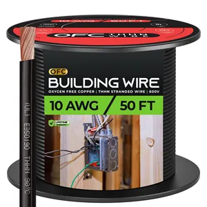 100% OFC Electrical Building Wire 600V 10 AWG Black 50FT THHN Stranded Copper Electrical Wire ideal for Residential, Commercial