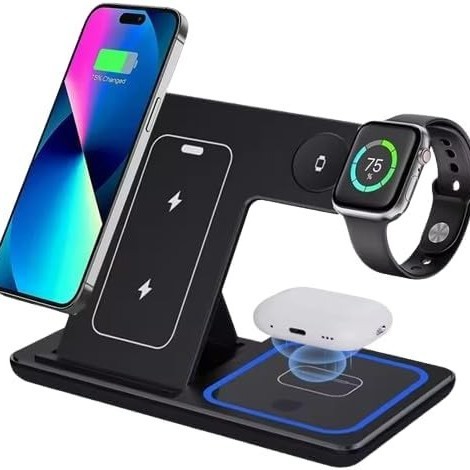 3 in 1 Foldable Wireless Charger Multi-Function Vertical  Phone Stand 15W Fast Charging for Phone Earbuds Iwatch with LED Light