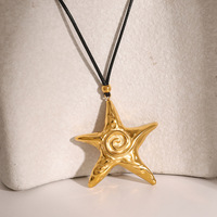 Ins18k or acier inoxydable pentagramme titane acier boucles d'oreilles rétro fil étoile de mer pendentif noir cire corde collier à la mode