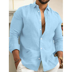 T-shirt Ample Décontracté à Manches Longues pour Hommes, Haute Qualité, Style Européen et Américain, en Coton et <span class=keywords><strong>Lin</strong></span>, Couleur Unie - Product Image 3