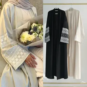 2024最新トルコEID控えめなドバイアバヤ女の子着物イスラム教徒のドレス女性高級花刺繍スリーブリネンオープンアバヤ
