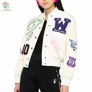 Lanwo Custom Leather Sleeve Crop Varsity Jacket For Women Chenille Embroidery College Vintage Letterman Varsity Jacket