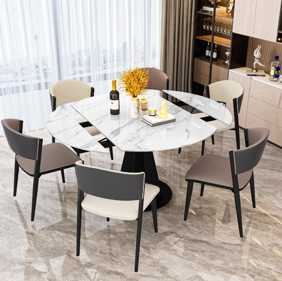 Muebles para el hogar Mesa de comedor redonda extensible moderna Comedor Mesa giratoria desechable Juegos Sillas Embalaje estándar