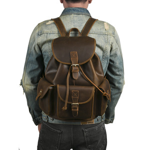 Crazy Horse Leather Retro <b>Backpack</b> Dark Brown <b>20L</b> Multi Function Leisure Travel Unisex Shoulder Strap Solid Color - Product Image 1