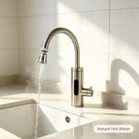Robinet d'eau chaude instantanée électrique entièrement en acier inoxydable, design col de cygne rotatif, autoportant pour extérieur, maison et garage