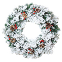 Hiasan Natal PVC Modern Tahan Lama dengan Lapisan Flock, Dekorasi Jendela Bentuk Lingkaran, Ornamen Garland Berbentuk Kerucut Pinus dan Bersalju