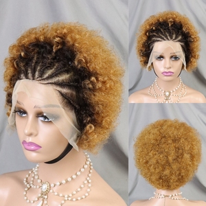Perruque Courte Bob Pixie Cut <span class=keywords><strong>Afro</strong></span> Crépu Bouclé en Cheveux Humains Ginger Orange avec Tresses, Perruque Frontale en Dentelle Transparente 13x4 pour Femmes - Product Image 5