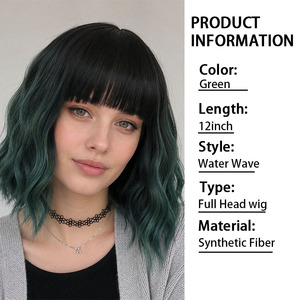 Perruque synthétique ondulée vert foncé résistante à la chaleur <span class=keywords><strong>avec</strong></span> <span class=keywords><strong>frange</strong></span>, ligne de cheveux naturelle, sans colle, réglable, filet en maille rose - Product Image 2