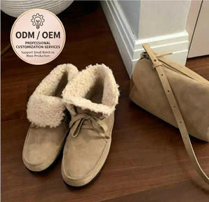 Damen Beige Kunstwildleder Kunstfell Gefütterte Stiefeletten Schnürung Flache Sohle Warme Winter Freizeitschuhe Großhandel ODM OEM - Product Image 1