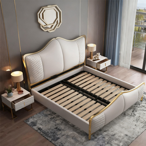Cama de cuero tapizada de lujo, nuevo diseño, marco dorado, cama tamaño King Queen para el hogar, Hotel, apartamento - Product Image 6