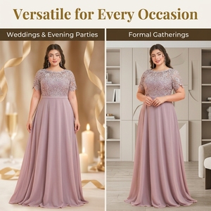 Vestido de Noche de Lujo Tallas Grandes, Color Malva Empolvado, con Encaje y Chifón, Manga Corta, Largo Maxi, para Invitadas de Boda y Banquetes - Product Image 3