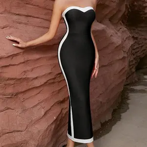 Meiaoドレス高品質の女性エレガントなノースリーブパーティードレスセクシーな背中の開いたボディコン黒と白のマーメイドドレス