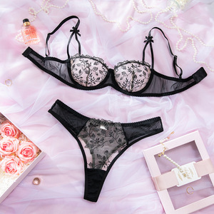 ชุดชั้นในปักลายดอกไม้บางเฉียบแบบขายส่ง เซ็กซี่ ซีทรู ผ้าตาข่าย ชุดบราและกางเกงในสองชิ้น - Product Image 6