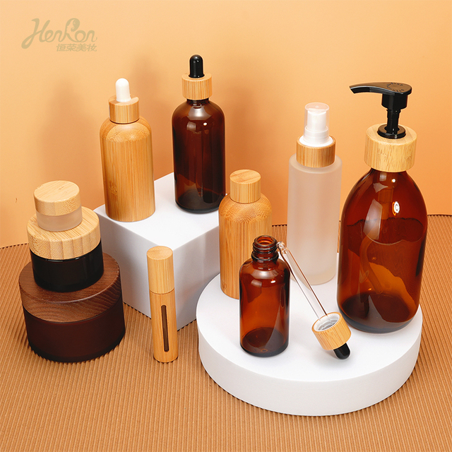 In Stock 150g 60g 10ml 50ml 100ml Bamboo Amber Glass Hair Oil Shampoo Lotion Cream Jar Cosmetic Packaging Skincare Face Cream